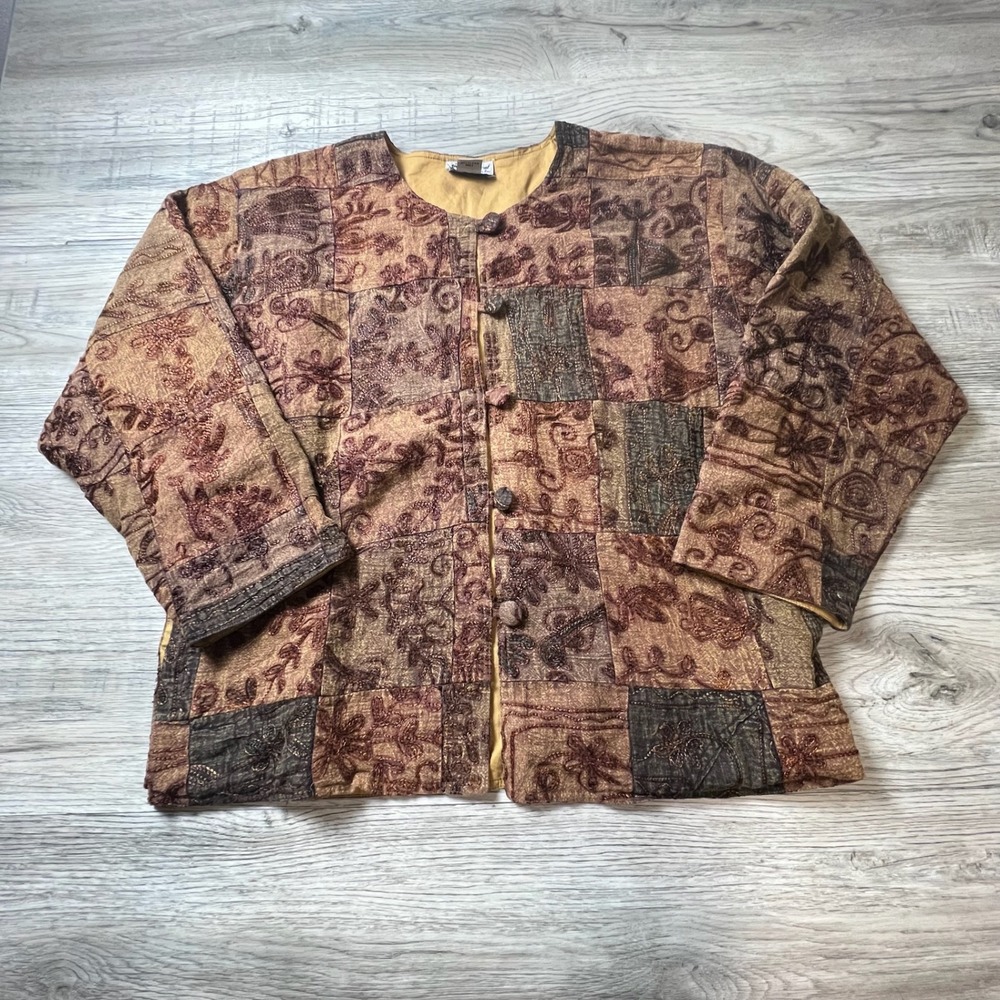 Raiment Fashions Patchwork Jacket Womens Small Brown‎ Embroidered Cotton Boho